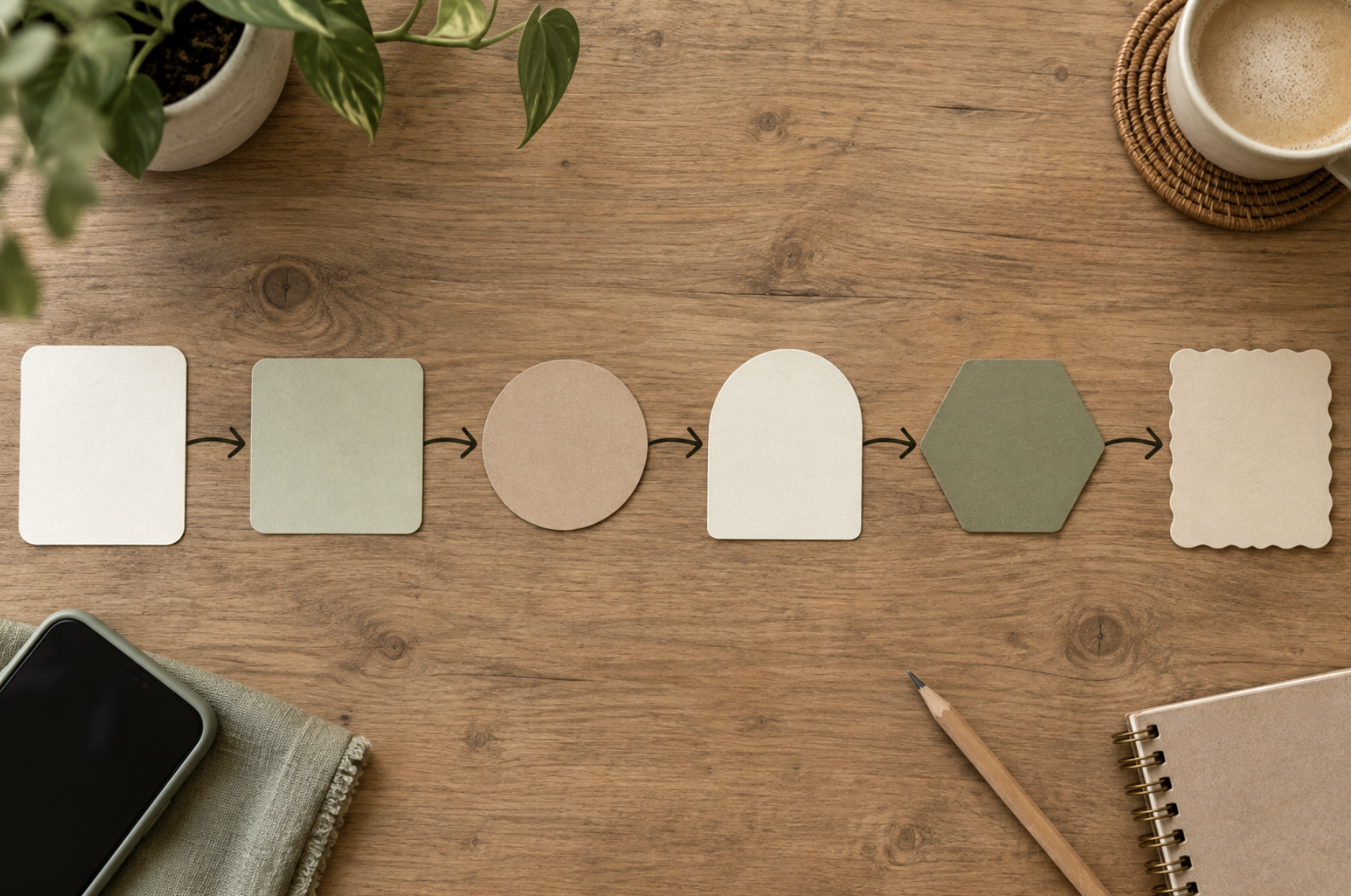 Six connected paper stages showing the path from social media visibility to a customer enquiry.