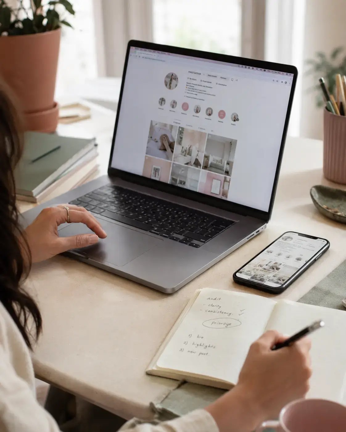 Woman reviewing a social media profile on a laptop and noting five priority findings on paper