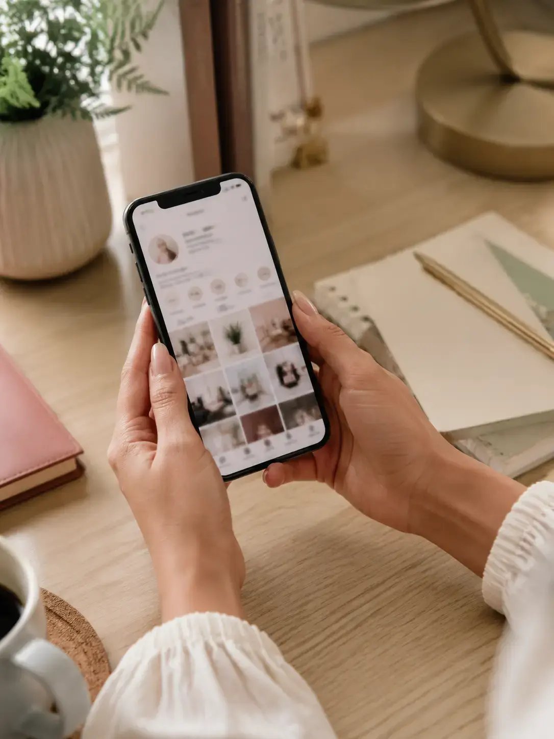 Woman reviewing an Instagram or Facebook profile on a phone for a Social Media Clarity Audit