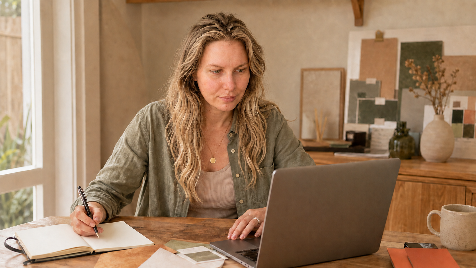 Chloe reviewing a small-business social media profile on a laptop